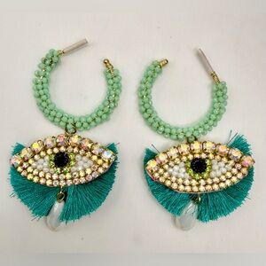 Evil Eye Boho Hoop Earrings Teal Fringe Statement